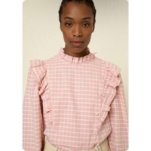 NWT FRNCH Paris “Janet” Pink Checkered Ruffle Prairie Blouse Size S French Chic